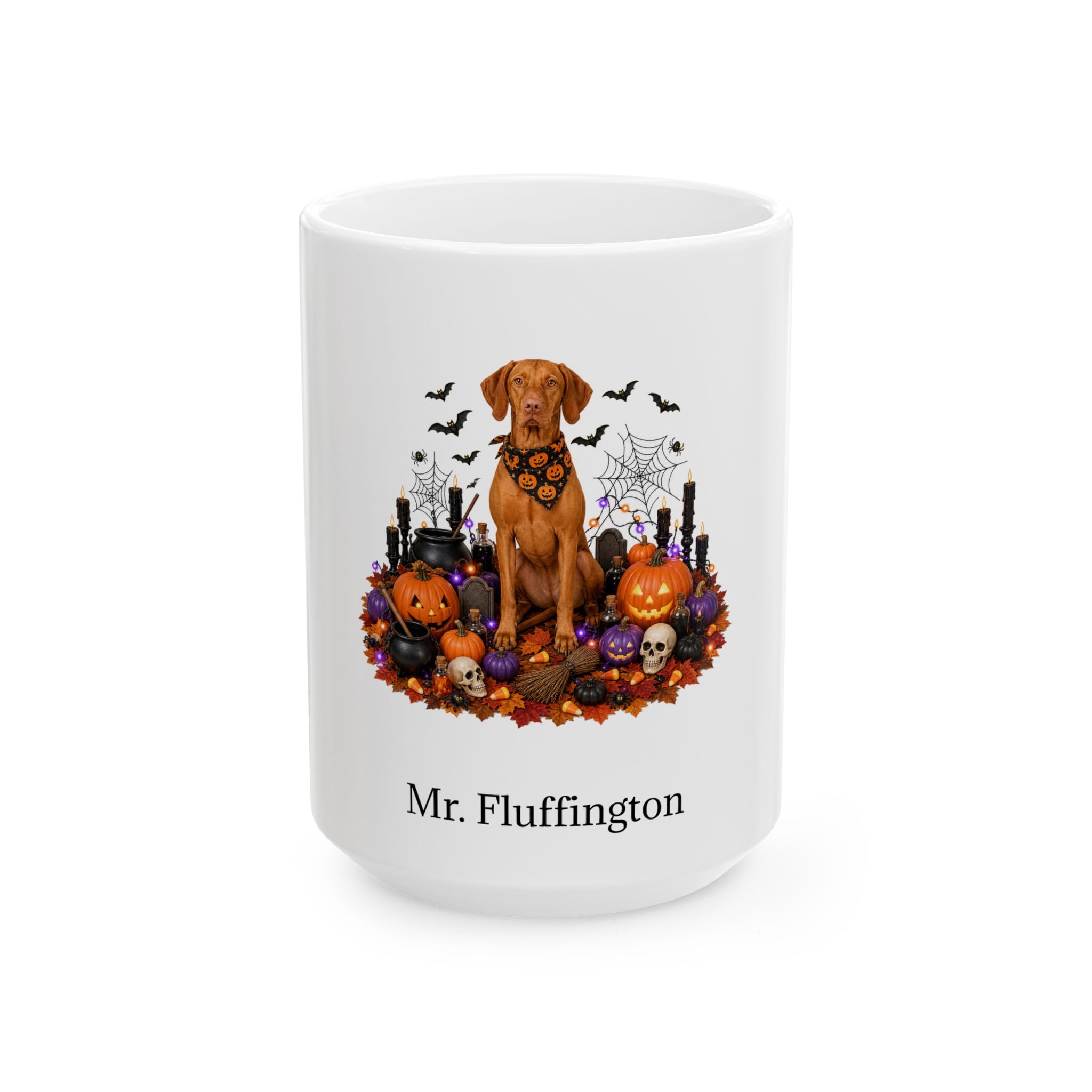 Personalized Vizsla dog Halloween mug, 15oz white ceramic, with custom pet name on front