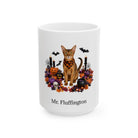 Personalized Abyssinian cat Halloween mug, 15oz white ceramic, with custom pet name on front