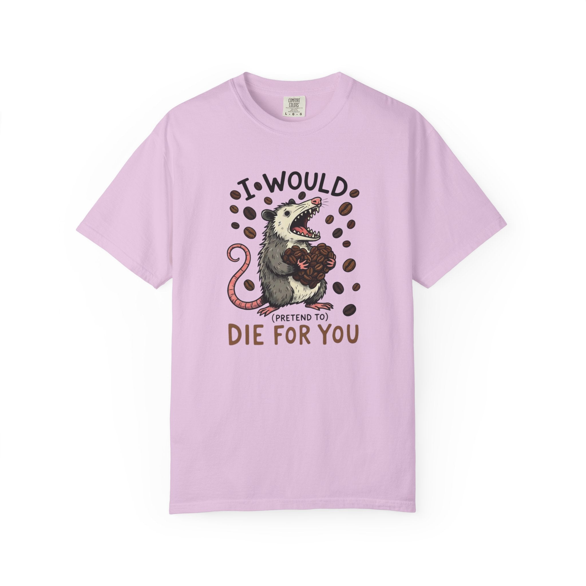 A light purple cotton t-shirt featuring a graphic of an opossum holding a heart made of coffee beans.