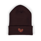 A dark brown cuffed beanie with an embroidered coffee bean heart on the cuff.