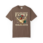 Brown crewneck t-shirt featuring a cartoon rooster wearing sunglasses and a cap.