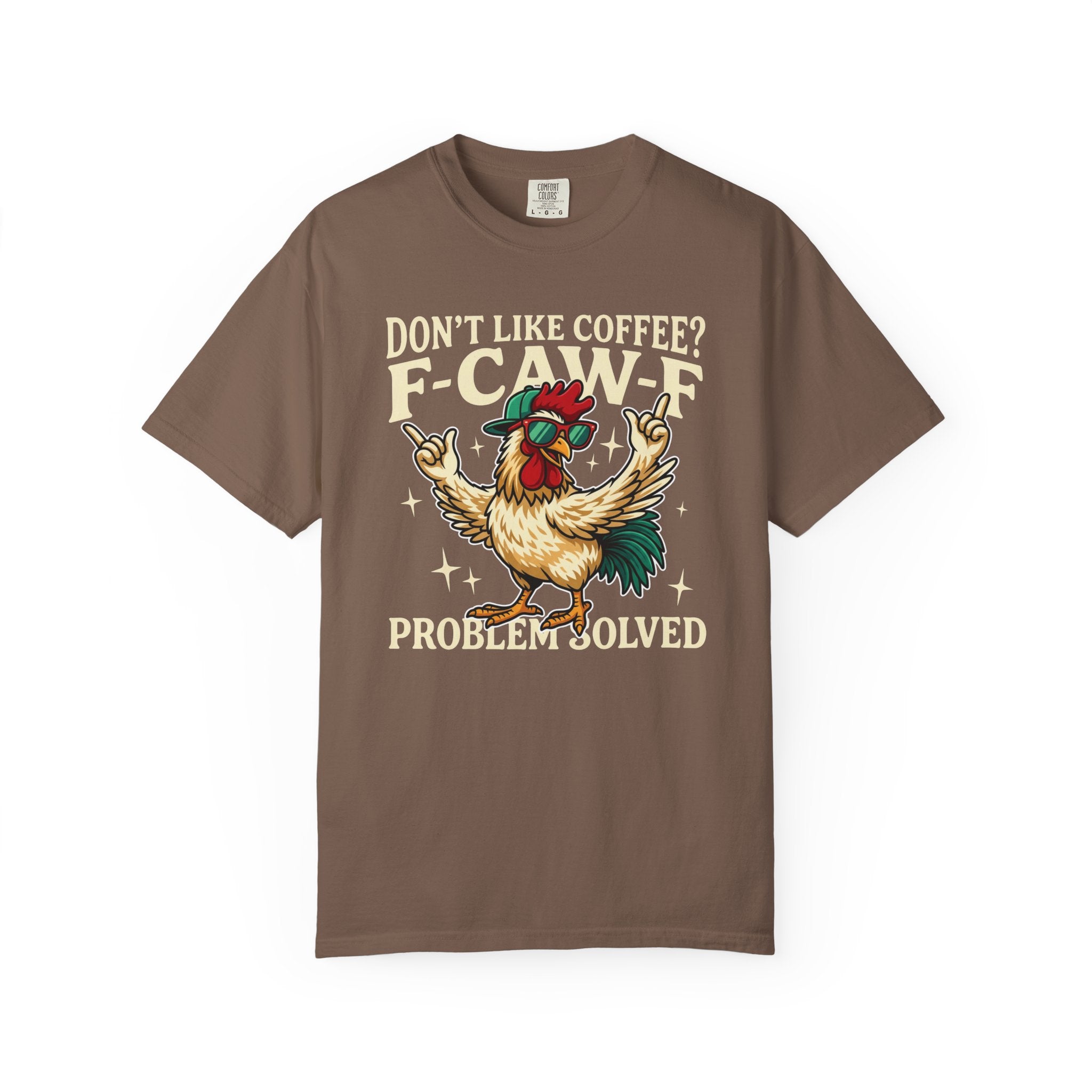 Brown crewneck t-shirt featuring a cartoon rooster wearing sunglasses and a cap.