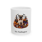 Personalized Pug dog Halloween mug, 11oz white ceramic, with custom pet name on front