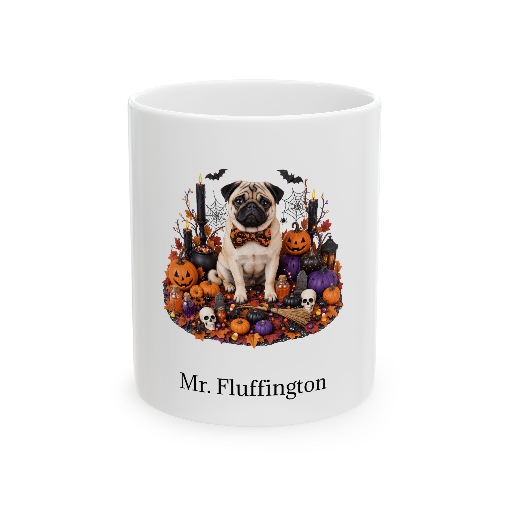 Personalized Pug dog Halloween mug, 11oz white ceramic, with custom pet name on front