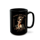 Black ceramic mug featuring a retro pin-up woman and the text I’m Not Just a Mom, I’m Also a Bitch.