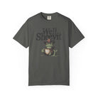 Charcoal grey unisex t-shirt featuring a graphic of a cowboy frog holding a coffee mug.