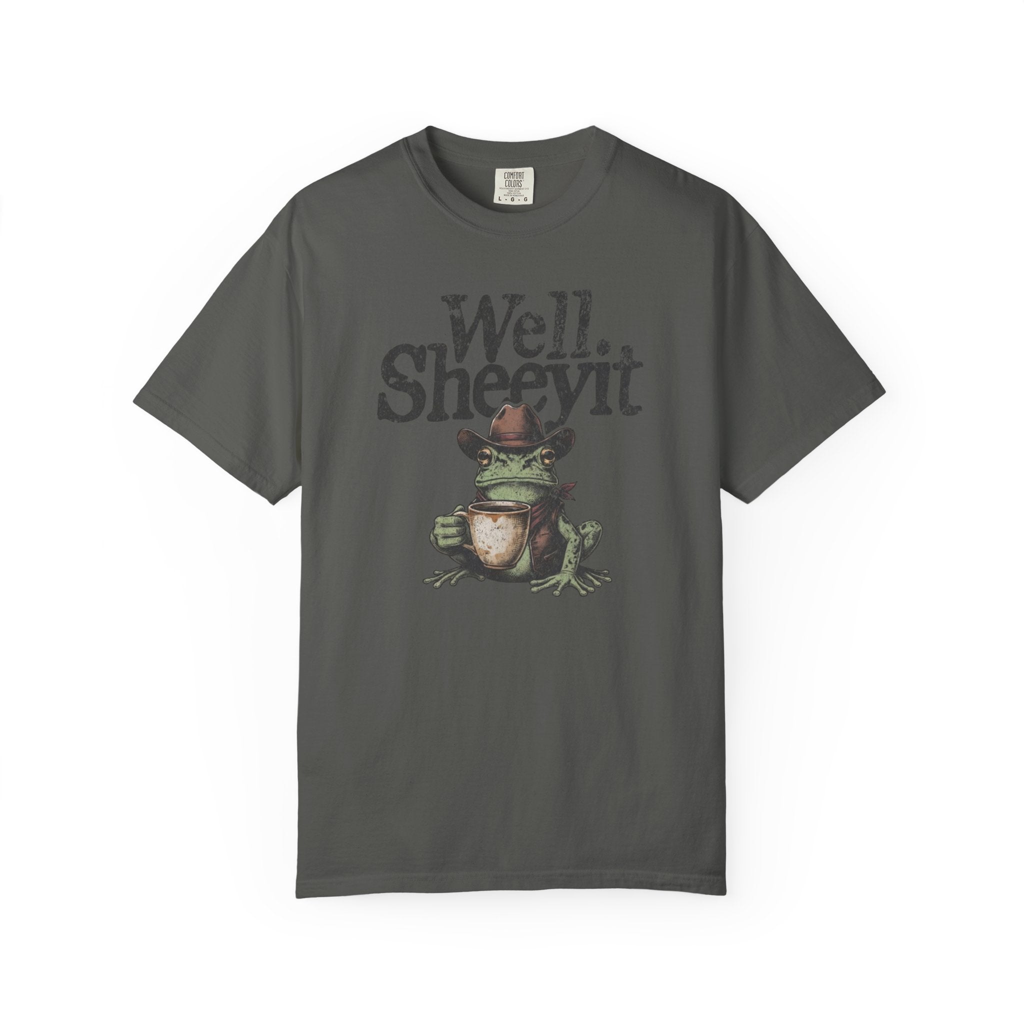 Charcoal grey unisex t-shirt featuring a graphic of a cowboy frog holding a coffee mug.