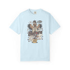 Light blue unisex cotton t-shirt with a distressed graphic of a rooster pouring coffee.