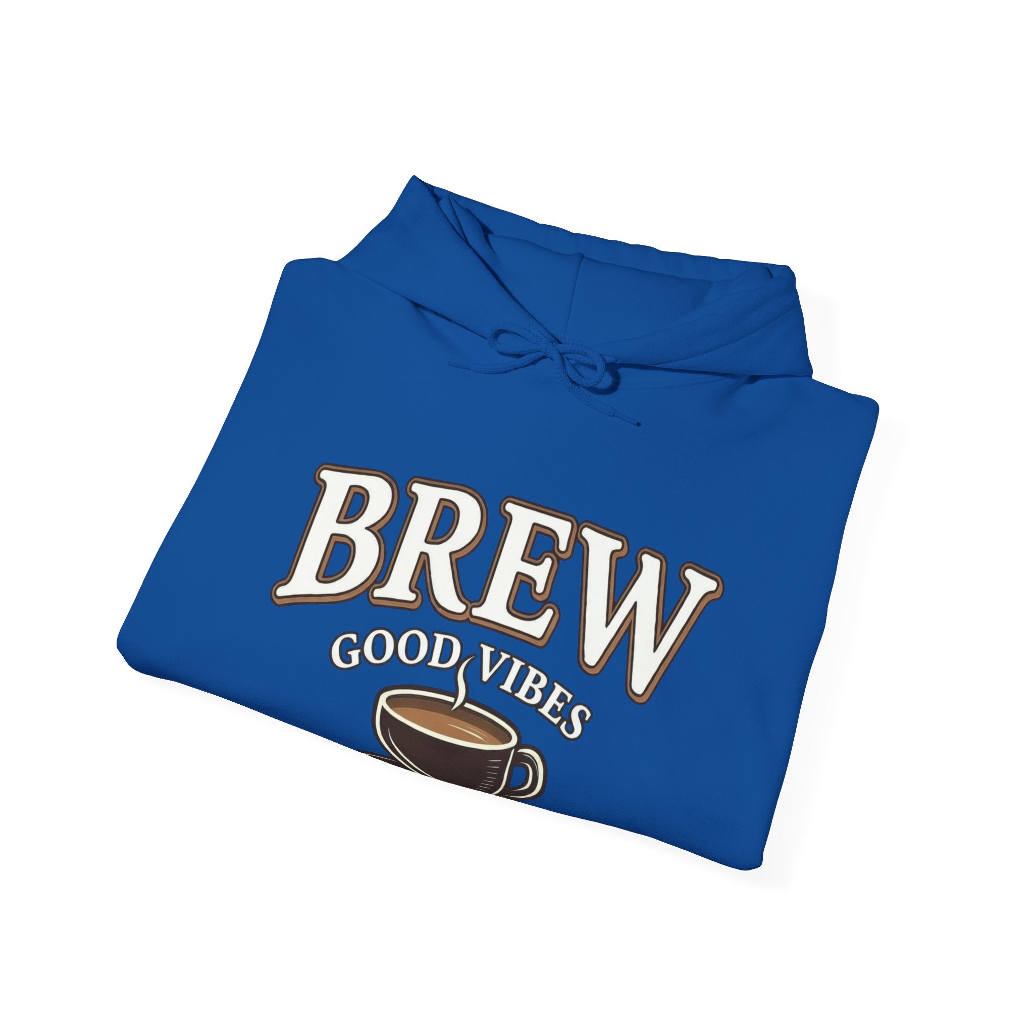 Blue hoodie with "BREW GOOD VIBES" text and a coffee cup graphic.