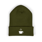 Olive green cuffed beanie with a white embroidered coffee cup.