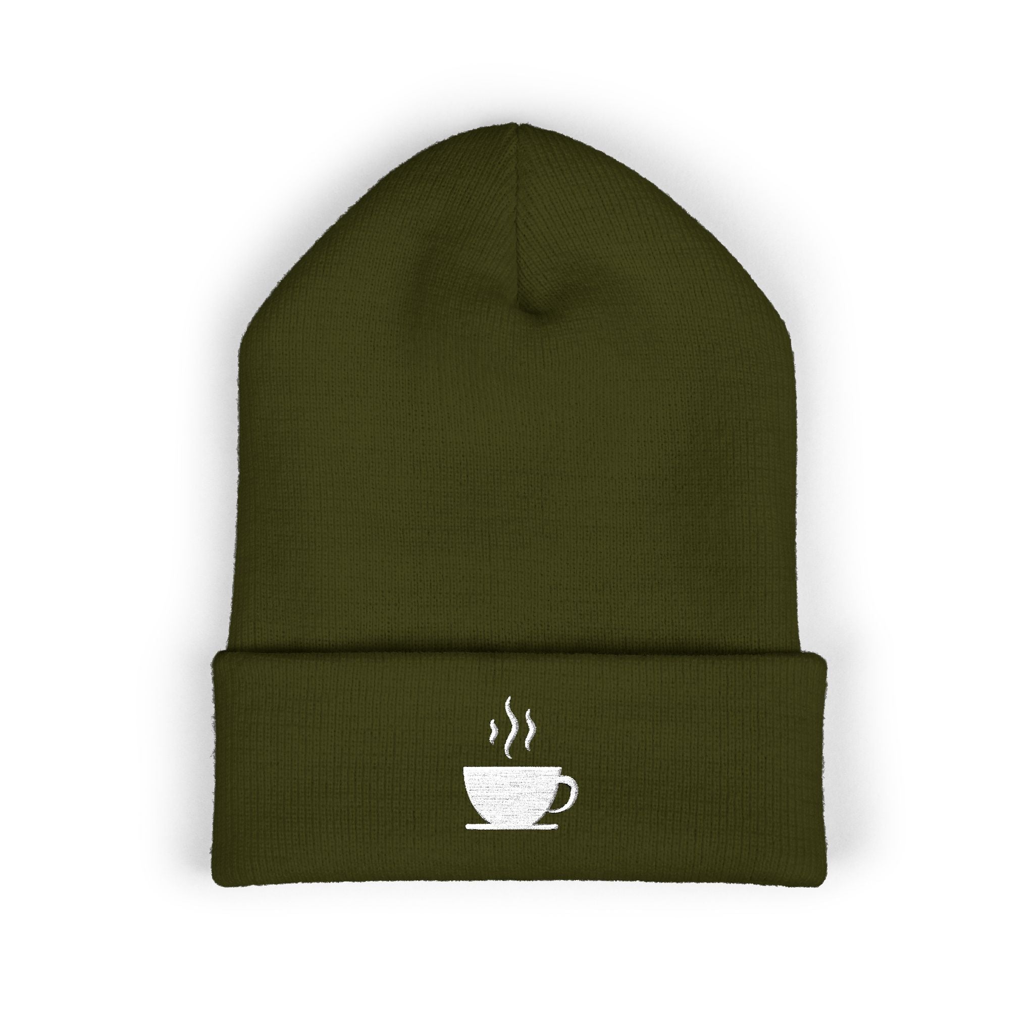 Olive green cuffed beanie with a white embroidered coffee cup.