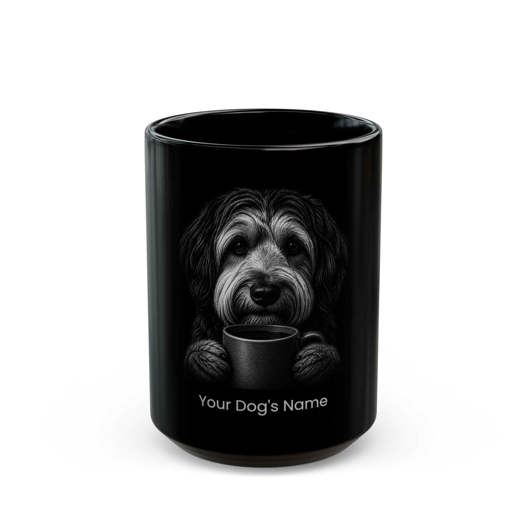 Personalized Tibetan Terrier black ceramic coffee mug with custom dog name