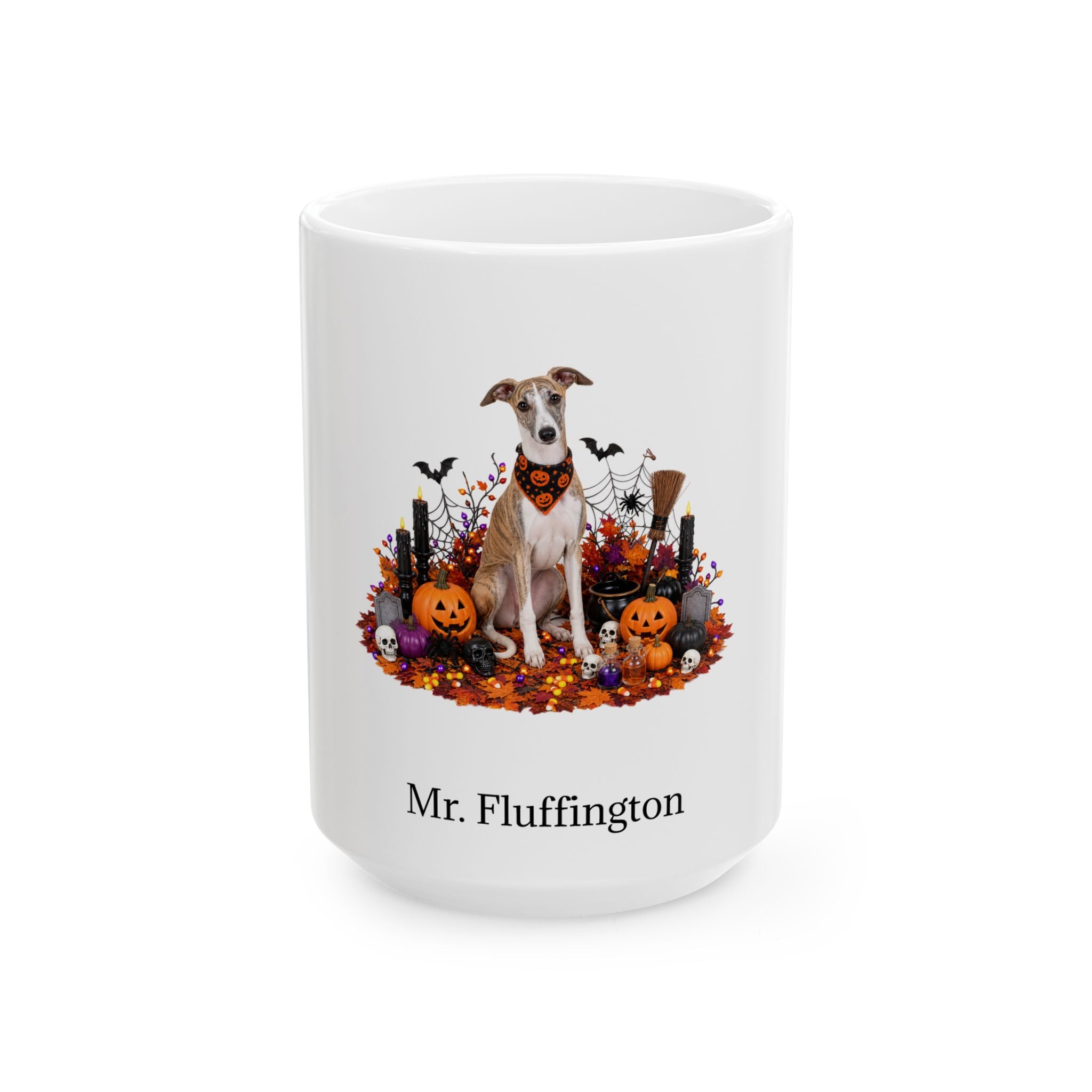 Personalized Whippet dog Halloween mug, 15oz white ceramic, with custom pet name on front