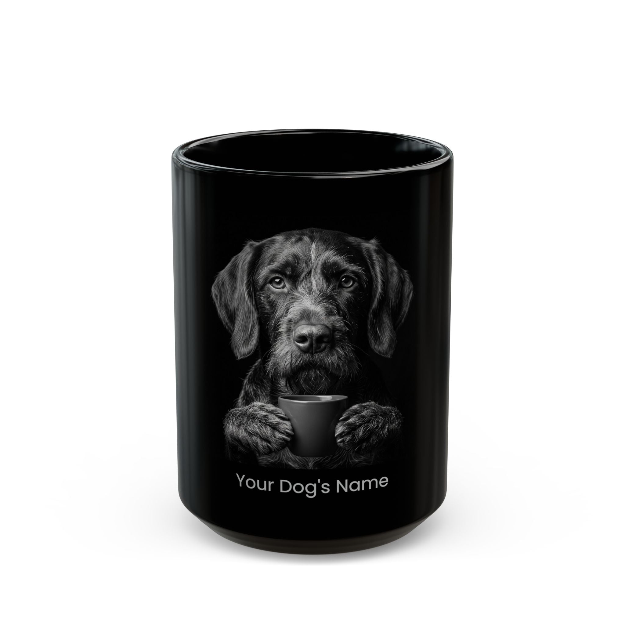 Personalized German Wirehaired Pointer black ceramic coffee mug with custom dog name
