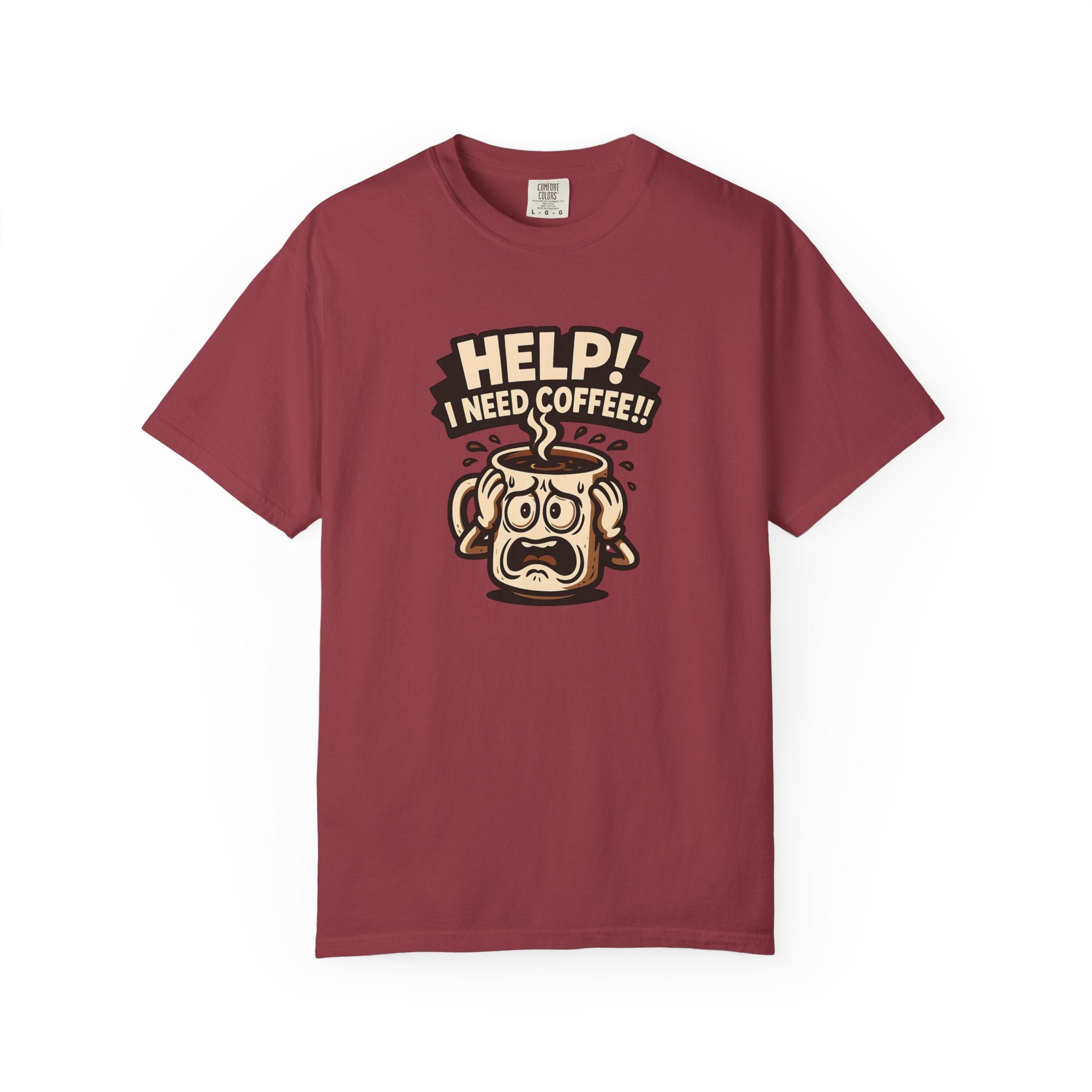 A maroon oversized cotton t-shirt featuring a cartoon coffee mug looking stressed.