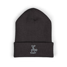 Embroidered coffee cup cuffed beanie in dark gray knit.