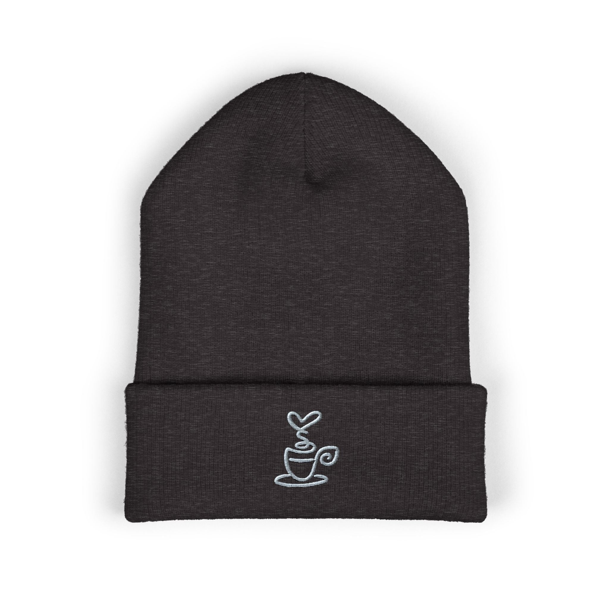 Embroidered coffee cup cuffed beanie in dark gray knit.