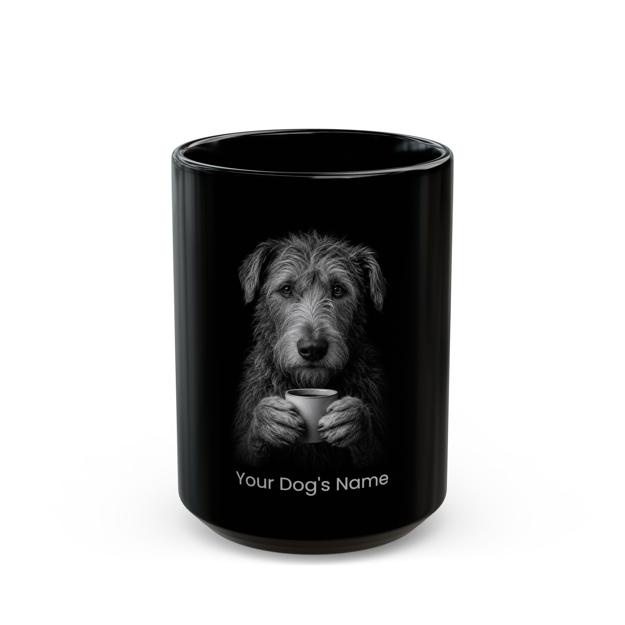 Personalized Irish Wolfhound black ceramic coffee mug with custom dog name