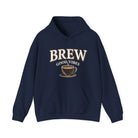 A navy blue hoodie features "BREW GOOD VIBES" text and a coffee cup graphic.