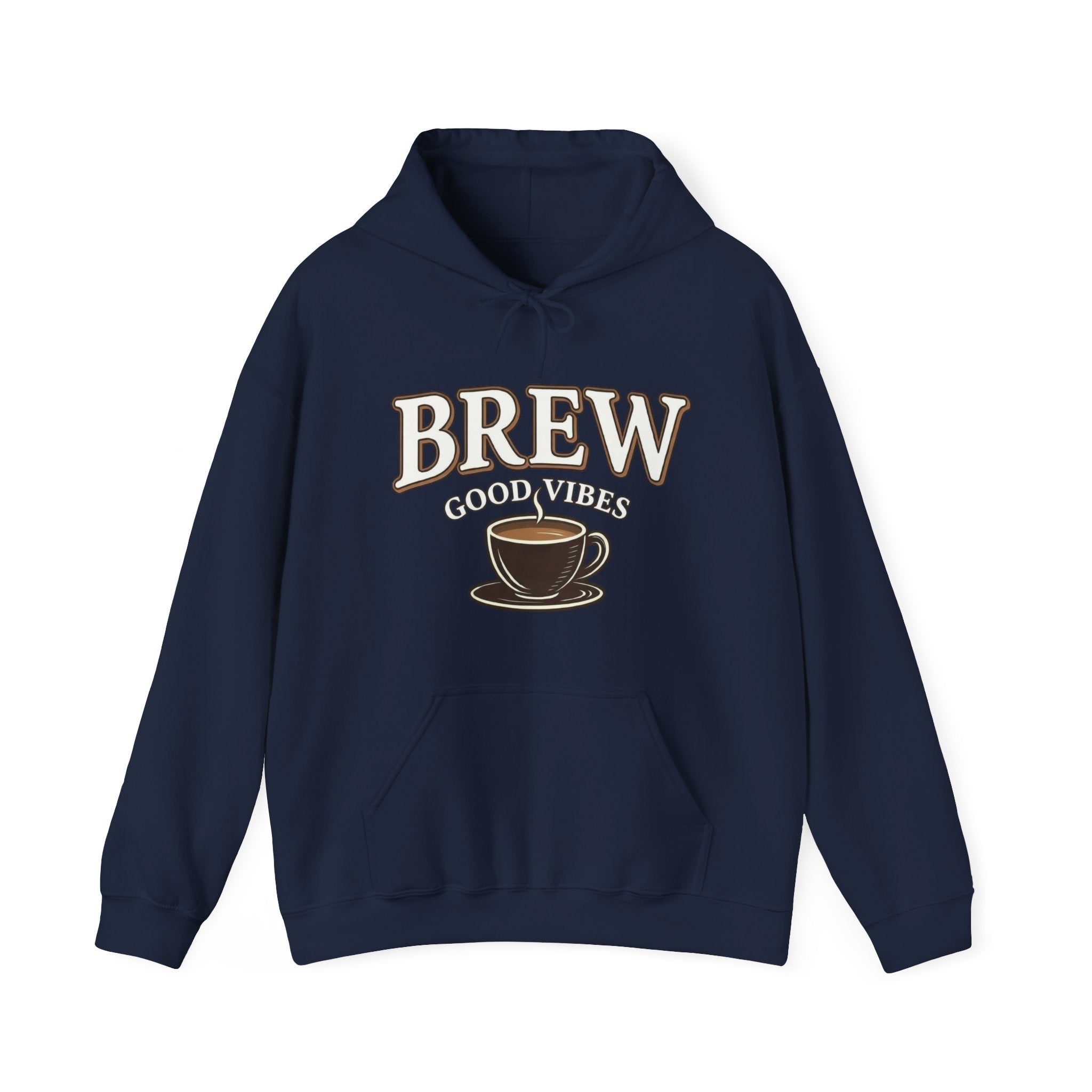 A navy blue hoodie features "BREW GOOD VIBES" text and a coffee cup graphic.