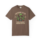 Brown unisex cotton t-shirt with a distressed graphic of an alien making peace signs with coffee.