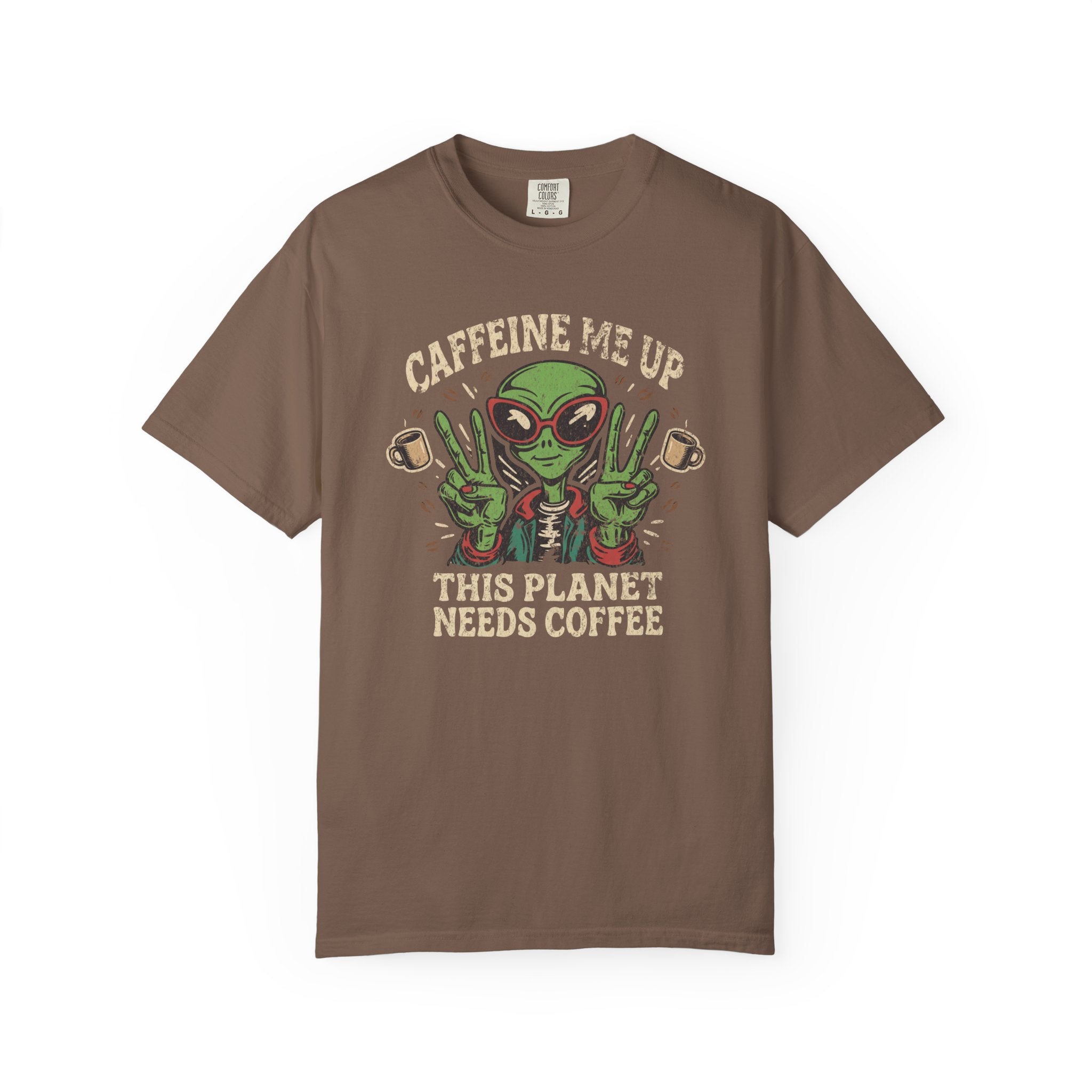 Brown unisex cotton t-shirt with a distressed graphic of an alien making peace signs with coffee.