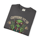 Dark grey unisex cotton t-shirt featuring a distressed graphic of an alien making peace signs.