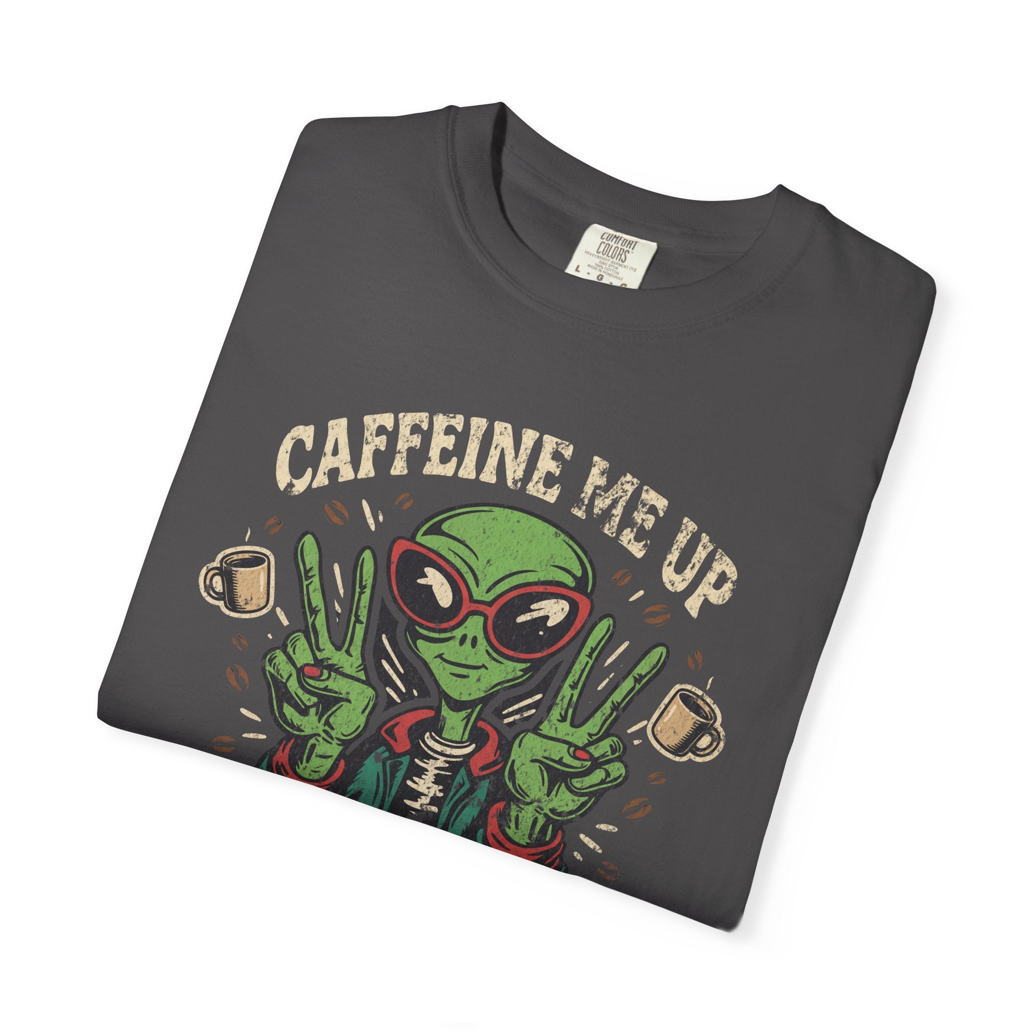 Dark grey unisex cotton t-shirt featuring a distressed graphic of an alien making peace signs.