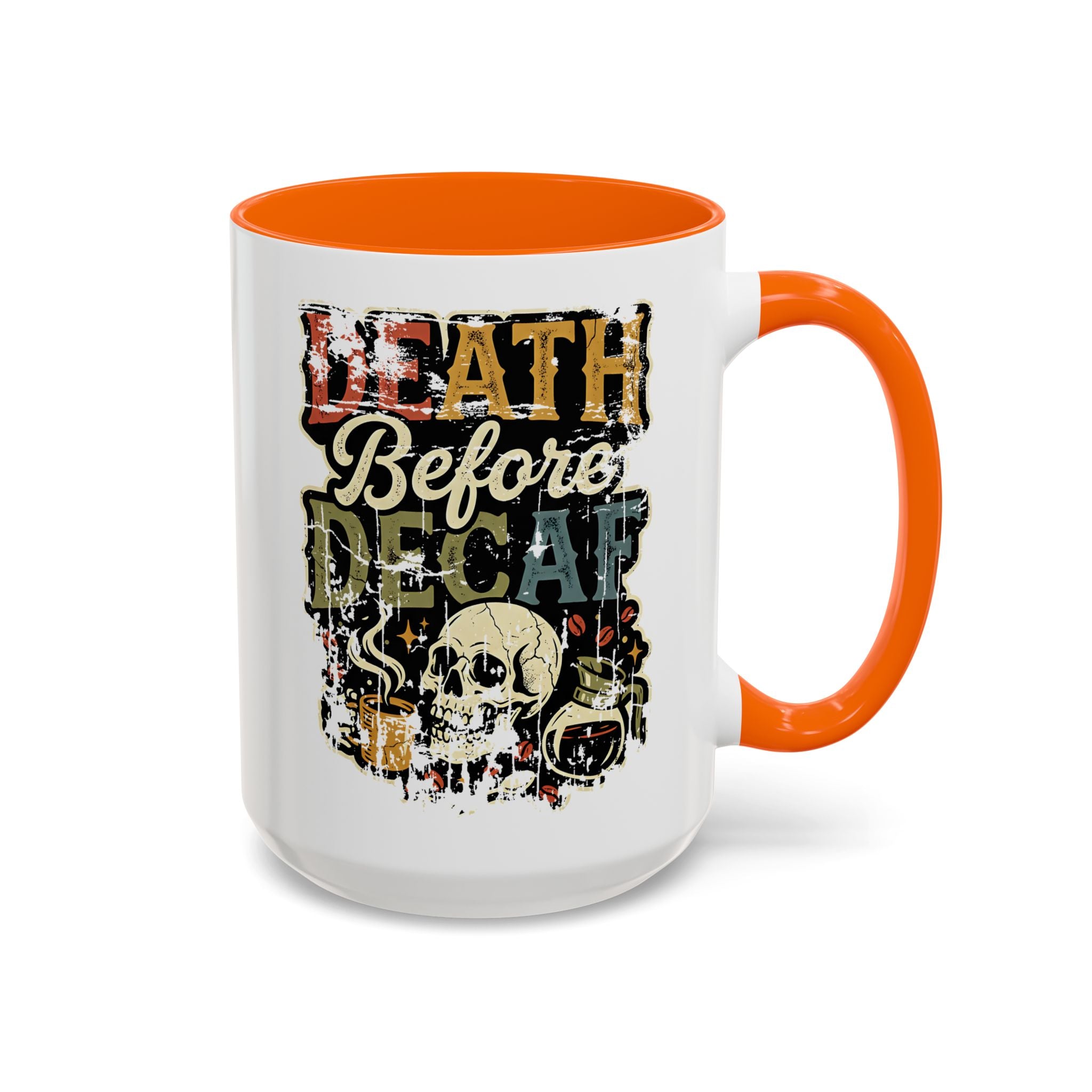 White ceramic mug with an orange rim and handle, featuring a retro Death Before Decaf skull graphic.