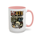 White ceramic mug with a pink handle and rim, featuring a retro skull and coffee graphic.