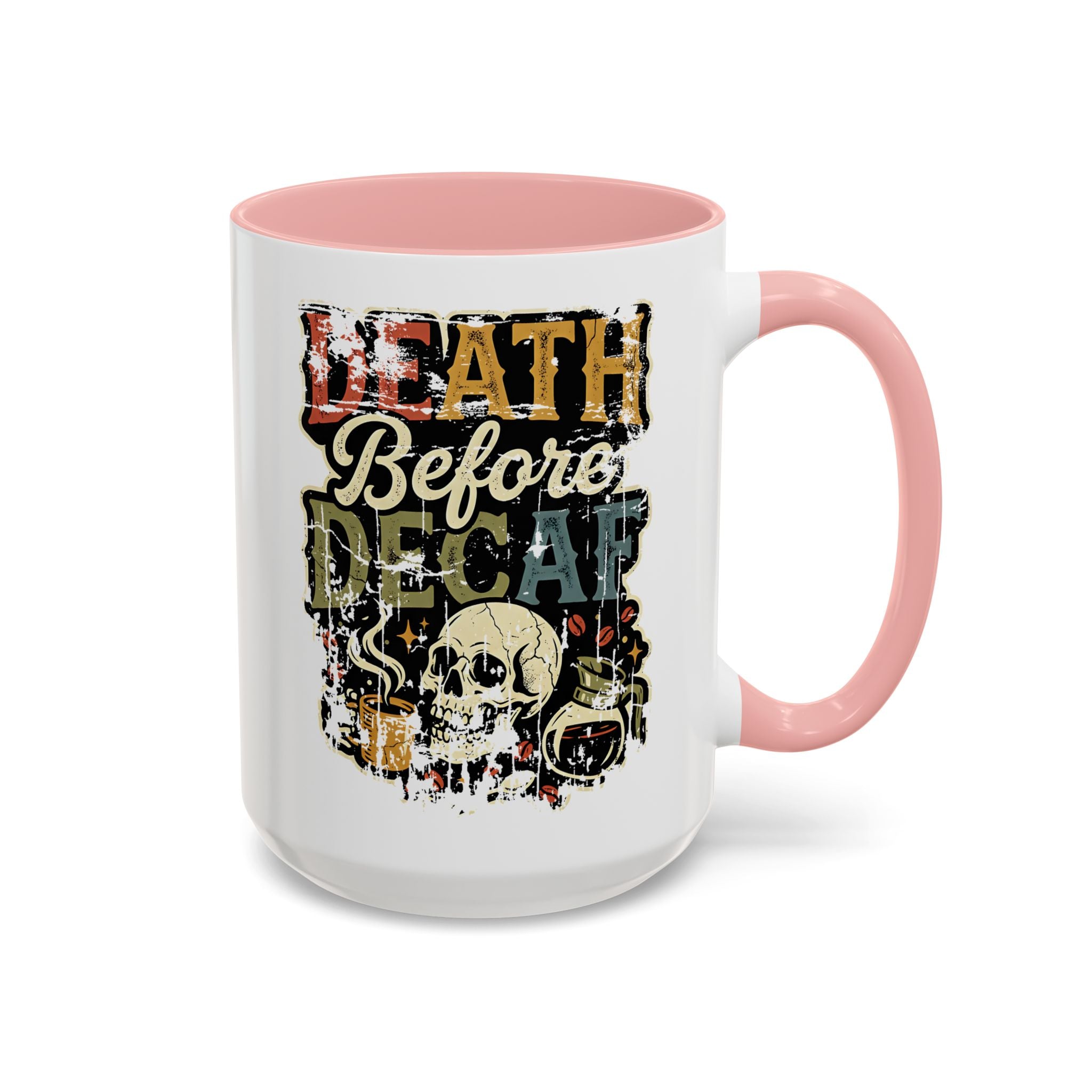 White ceramic mug with a pink handle and rim, featuring a retro skull and coffee graphic.