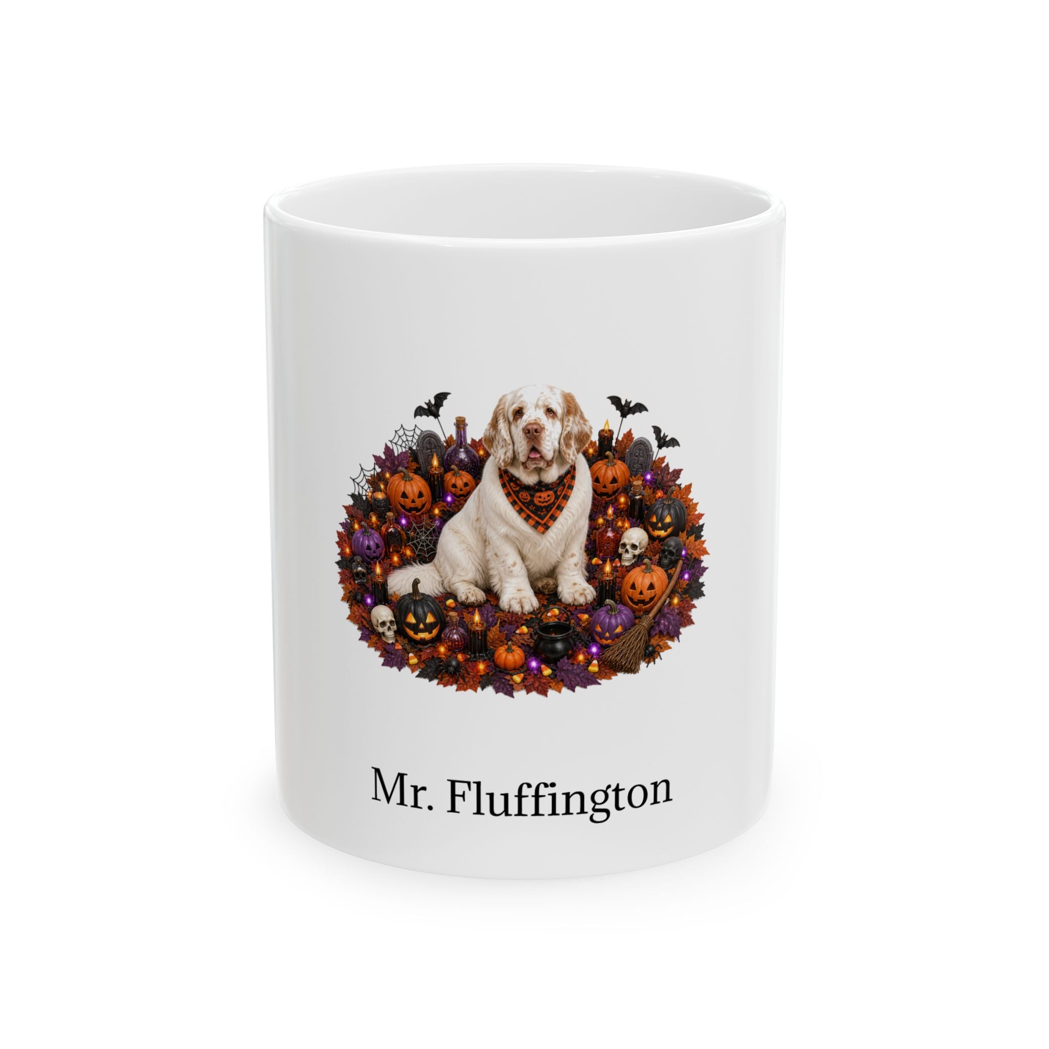 Personalized Clumber Spaniel dog Halloween mug, 15oz white ceramic, with custom pet name on front