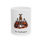 Personalized Greyhound dog Halloween mug, 11oz white ceramic, with custom pet name on front
