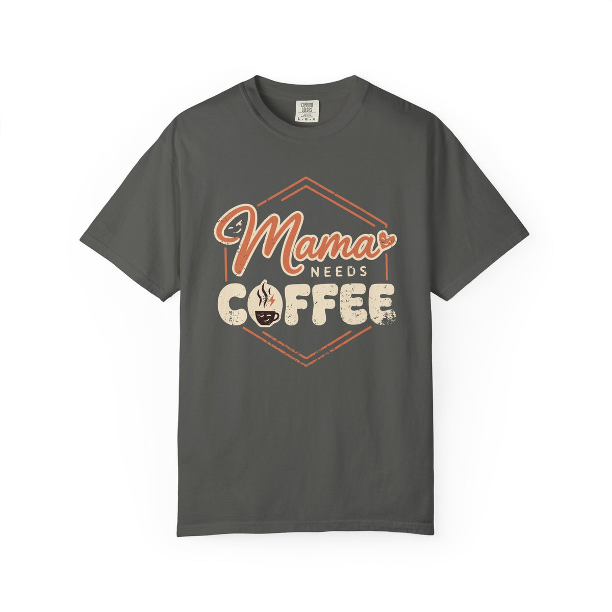 Front view of Pepper Comfort Colors T-shirt with distressed Mama Needs Coffee artwork.