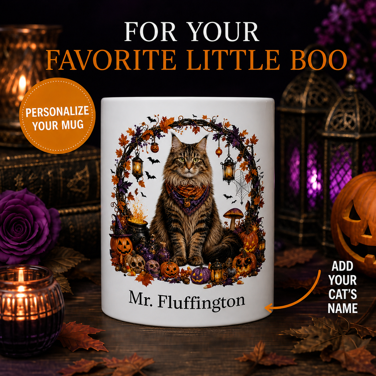 Personalized Siberian Cat Halloween Mug – Custom Pet Name Gift – front view with no handle