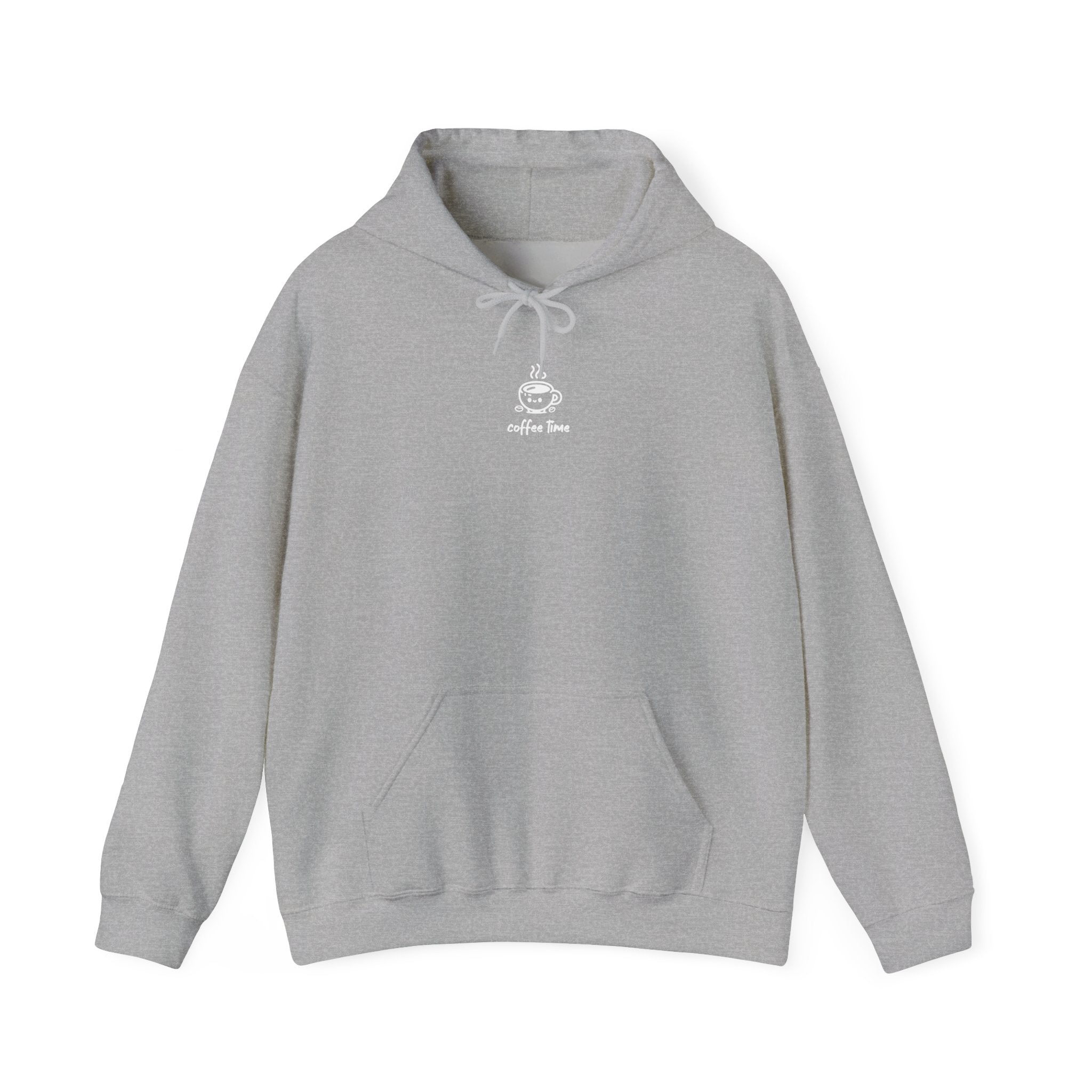 A light grey hooded sweatshirt featuring a small white coffee cup graphic and the text coffee time.