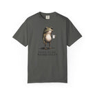 A charcoal grey cotton t-shirt featuring a graphic of a frog holding a coffee mug.