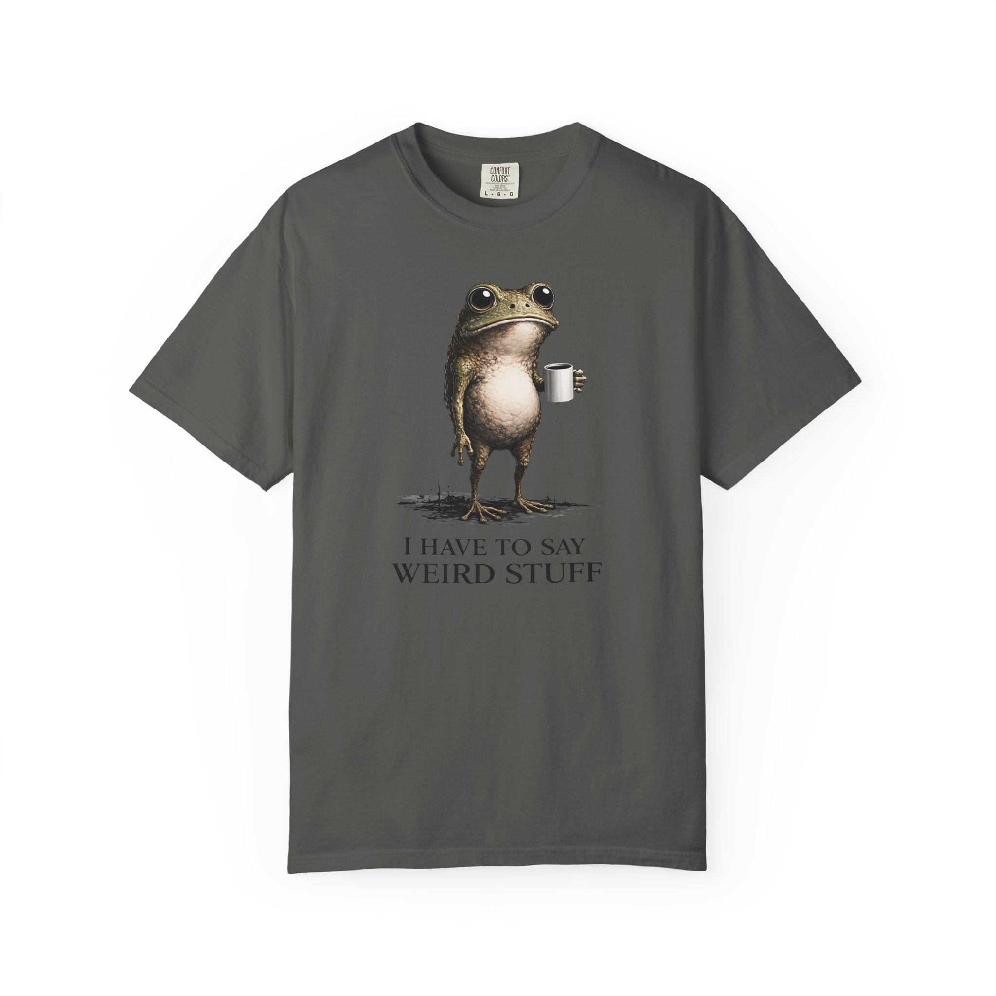 A charcoal grey cotton t-shirt featuring a graphic of a frog holding a coffee mug.
