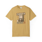 Mustard yellow Comfort Colors 1717 t-shirt with a vintage clock and coffee graphic.