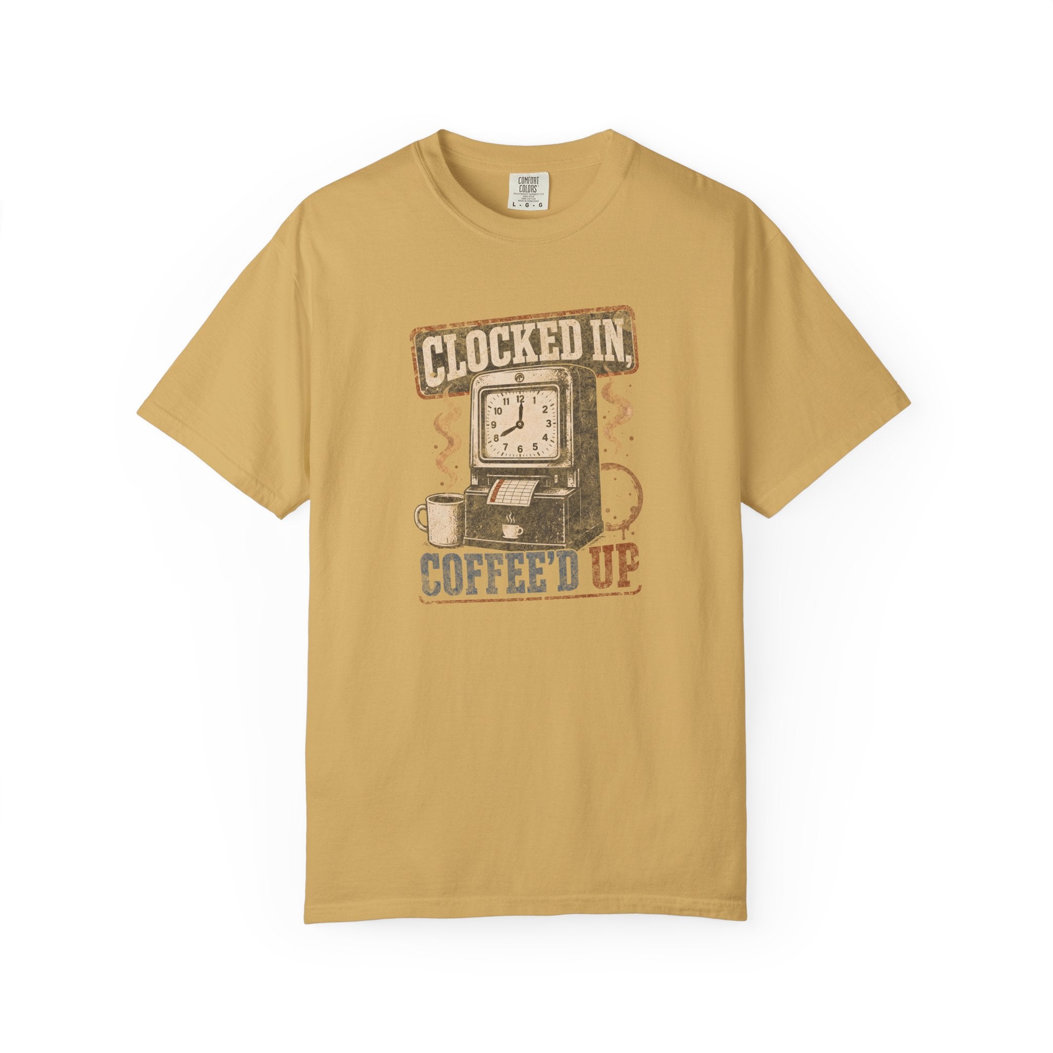 Mustard yellow Comfort Colors 1717 t-shirt with a vintage clock and coffee graphic.