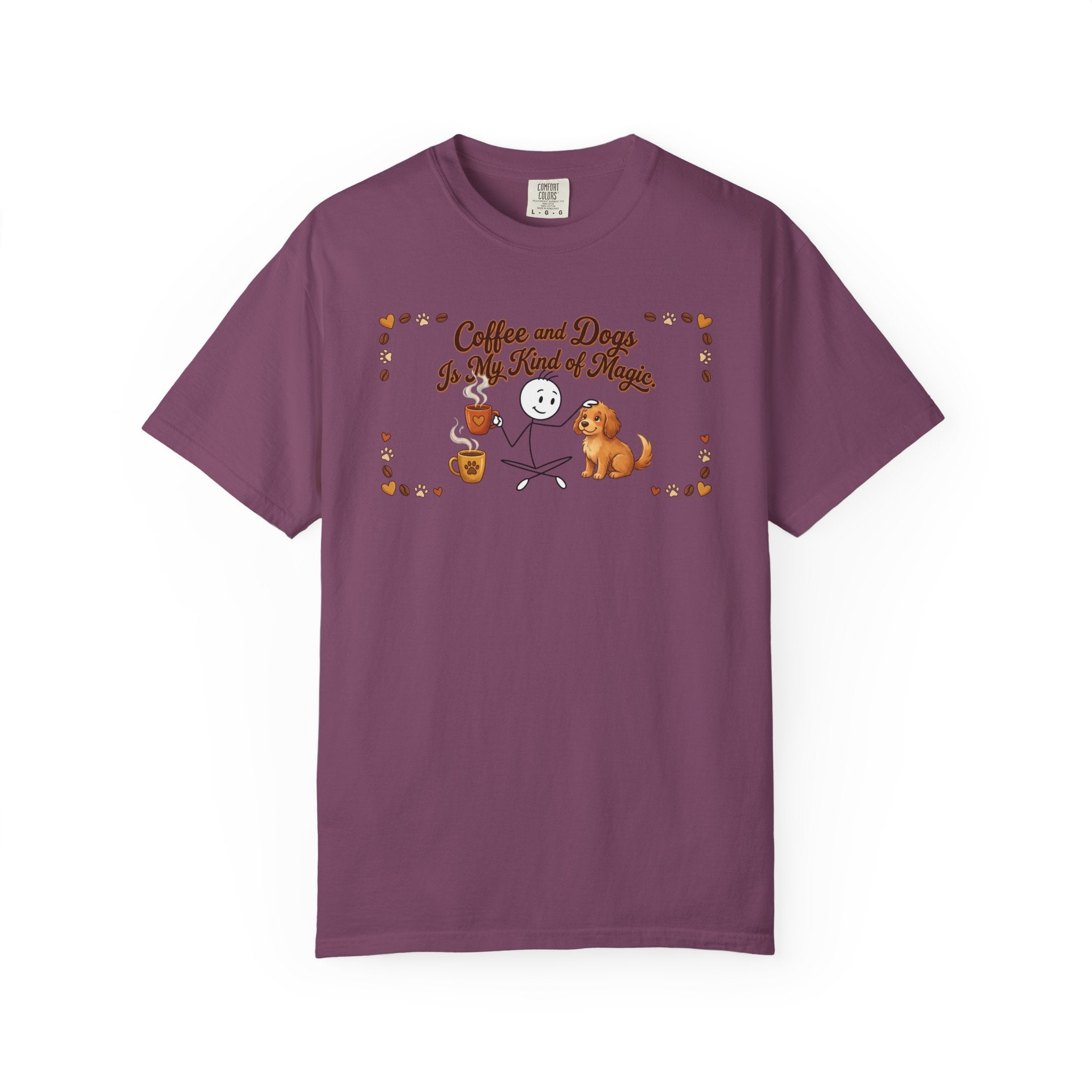 Purple t-shirt with a graphic of a stick figure, a dog, and the text Coffee and Dogs Is My Magic.