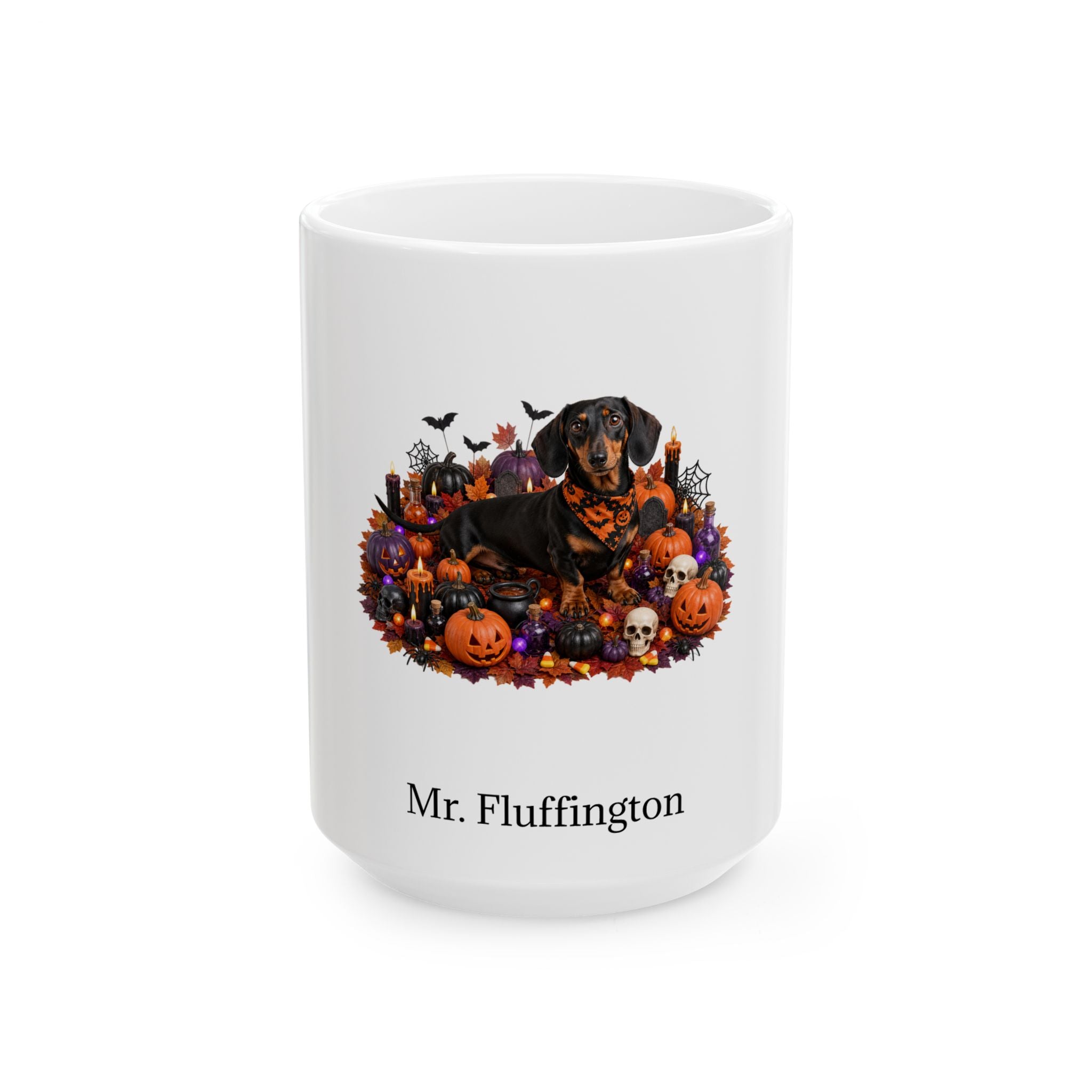 Personalized Dachshund dog Halloween mug, 15oz white ceramic, with custom pet name on front