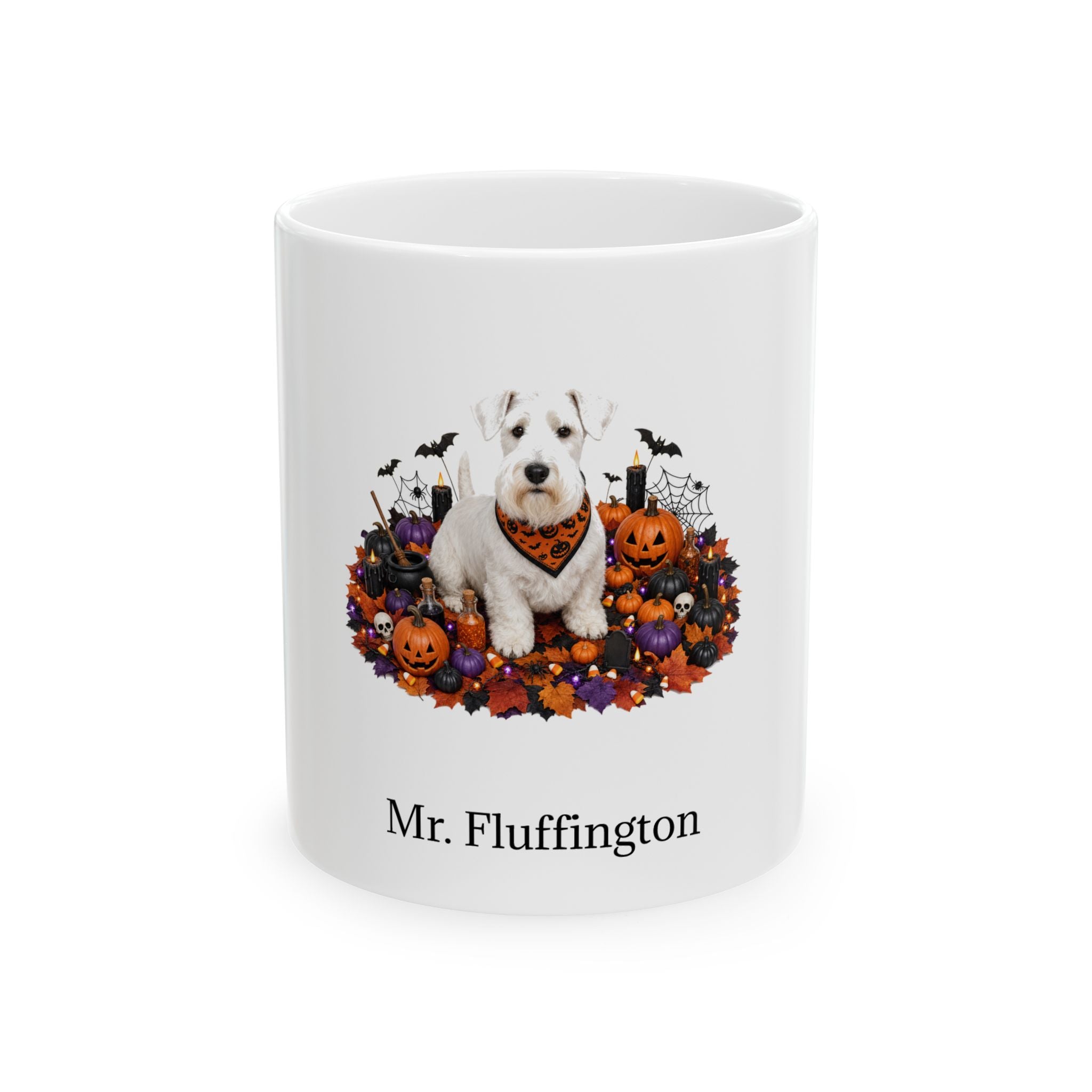 Personalized Sealyham Terrier dog Halloween mug, 11oz white ceramic, with custom pet name on front