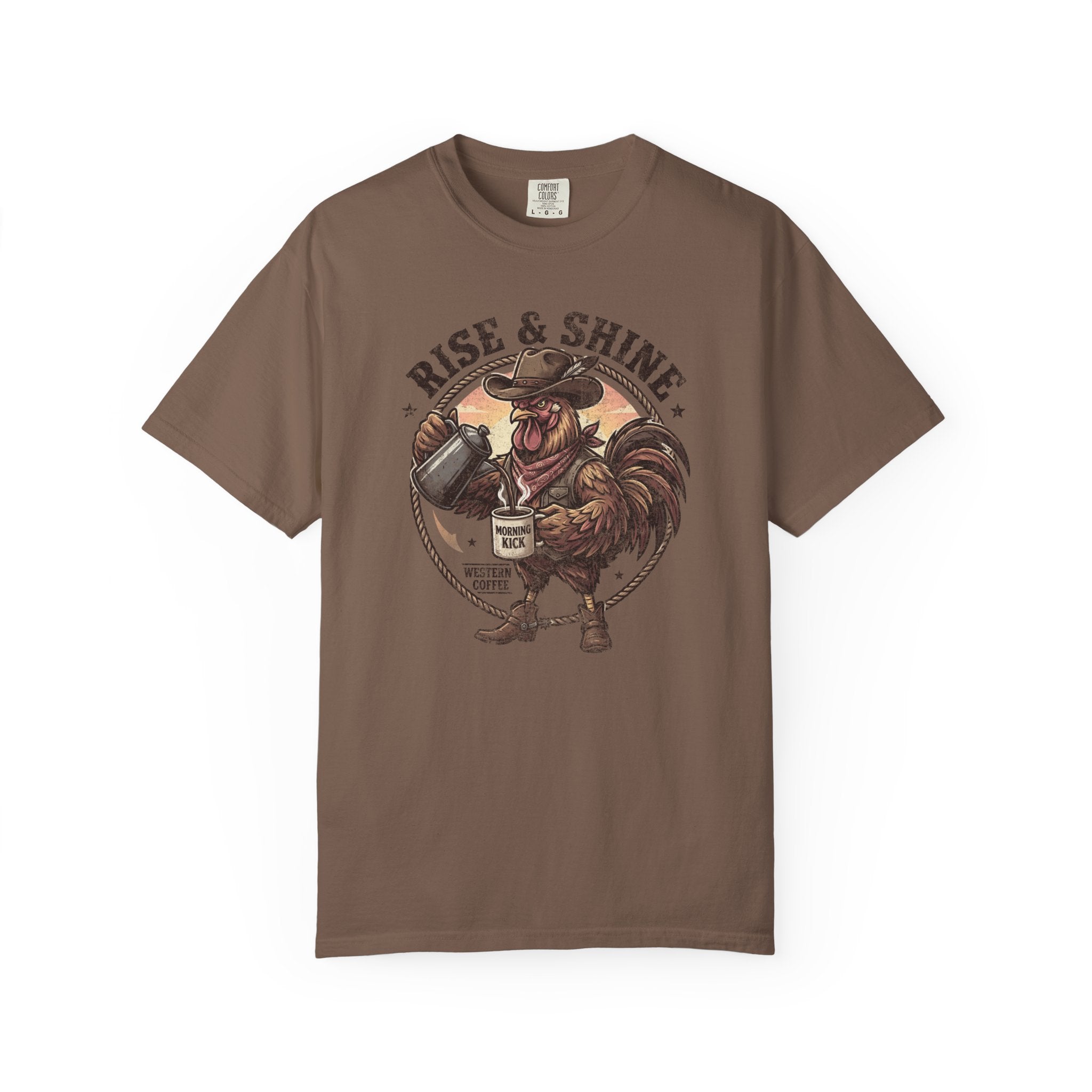 Brown t-shirt featuring a graphic of a cowboy rooster pouring coffee with the text Rise & Shine.