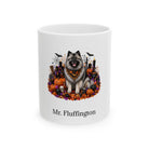 Personalized Keeshond dog Halloween mug, 11oz white ceramic, with custom pet name on front
