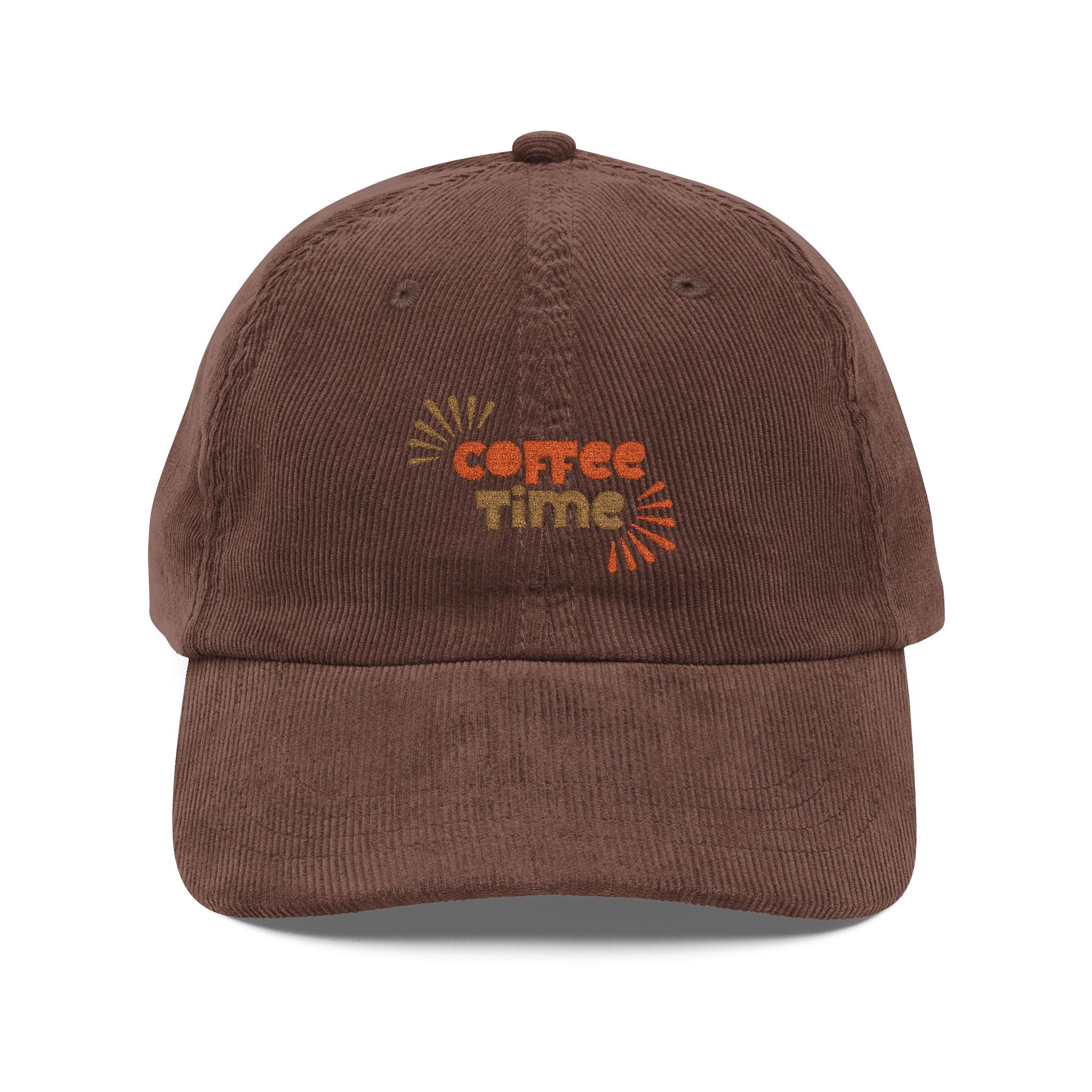 Brown corduroy baseball cap with Coffee Time embroidered on the front in orange and yellow.