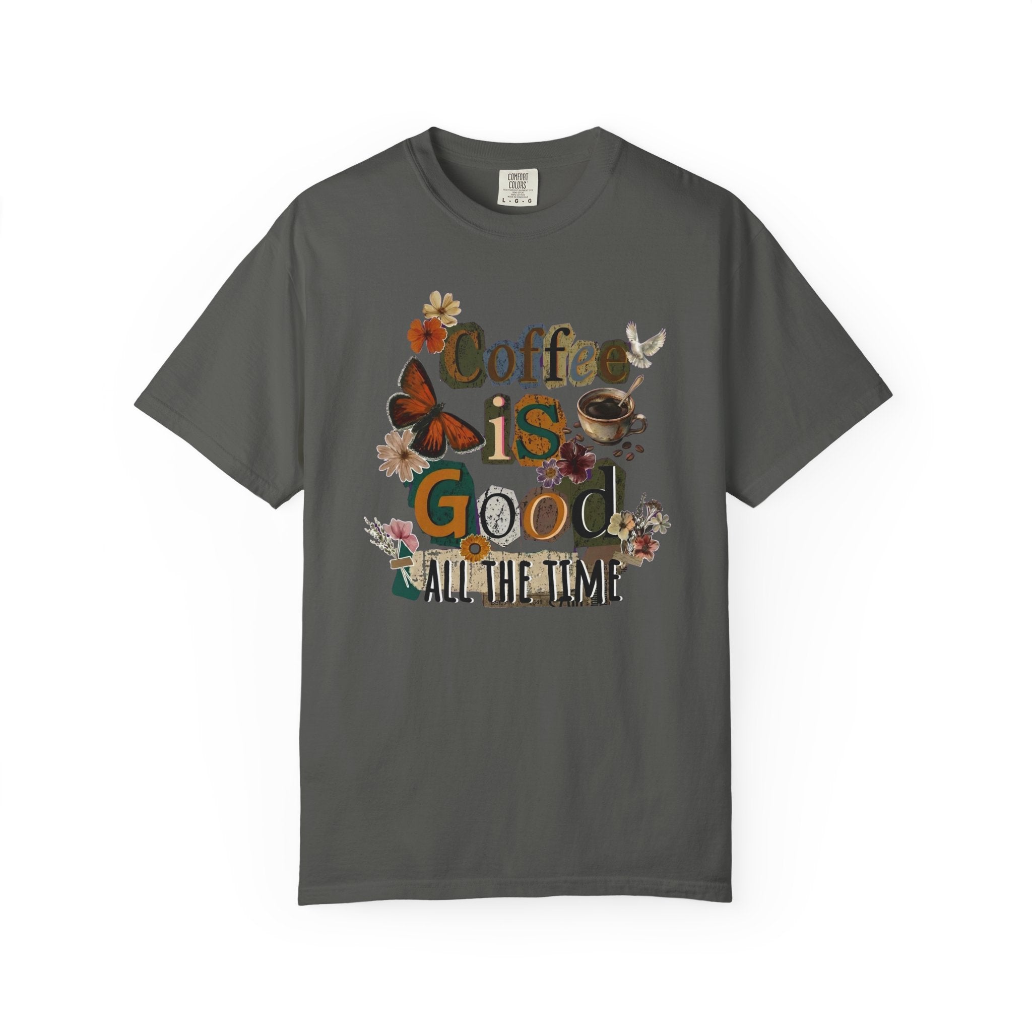 A charcoal grey cotton t-shirt featuring a vintage floral and coffee-themed graphic design.