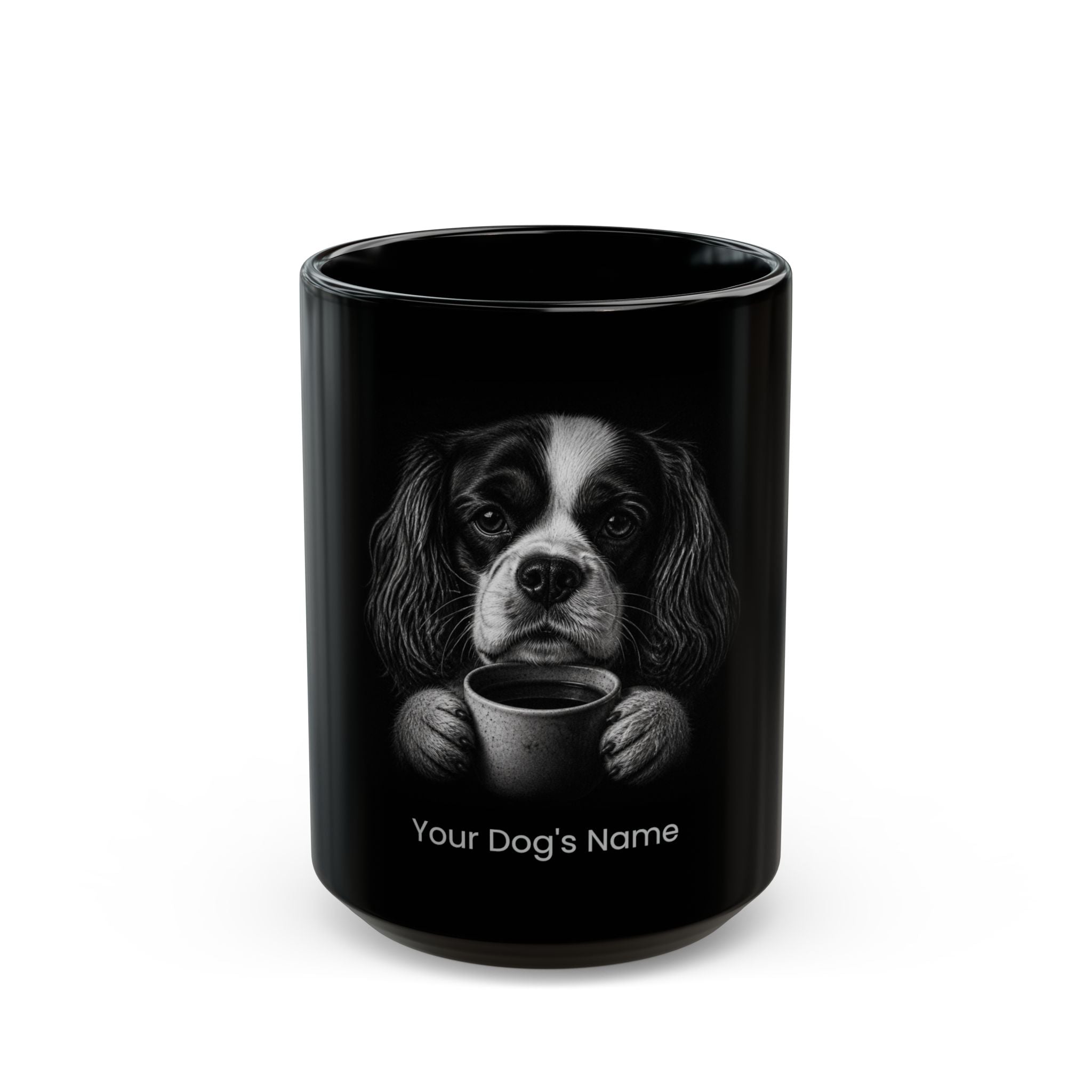 Personalized King Cavalier Spaniel black ceramic coffee mug with custom dog name