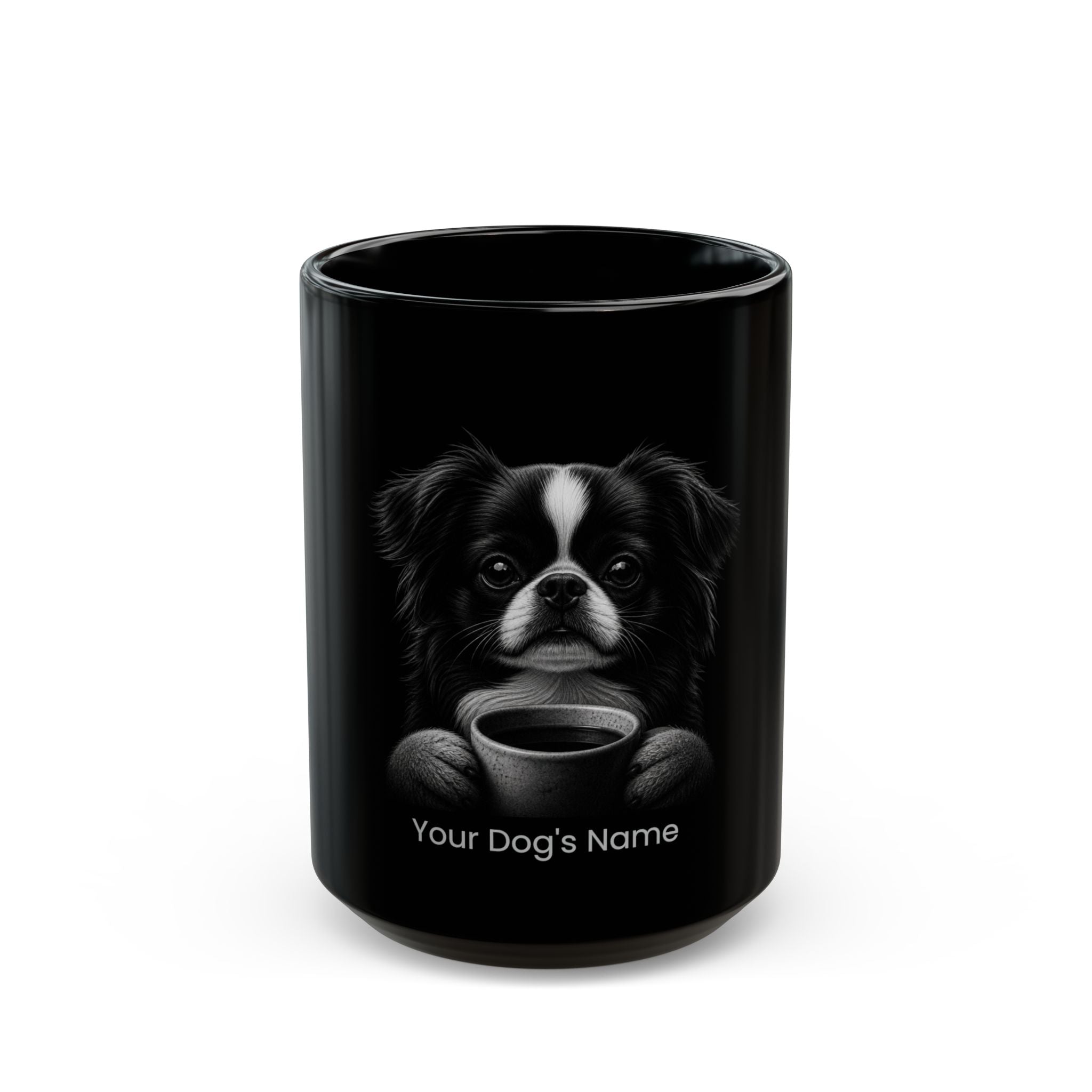 Personalized Japanese Chin black ceramic coffee mug with custom dog name