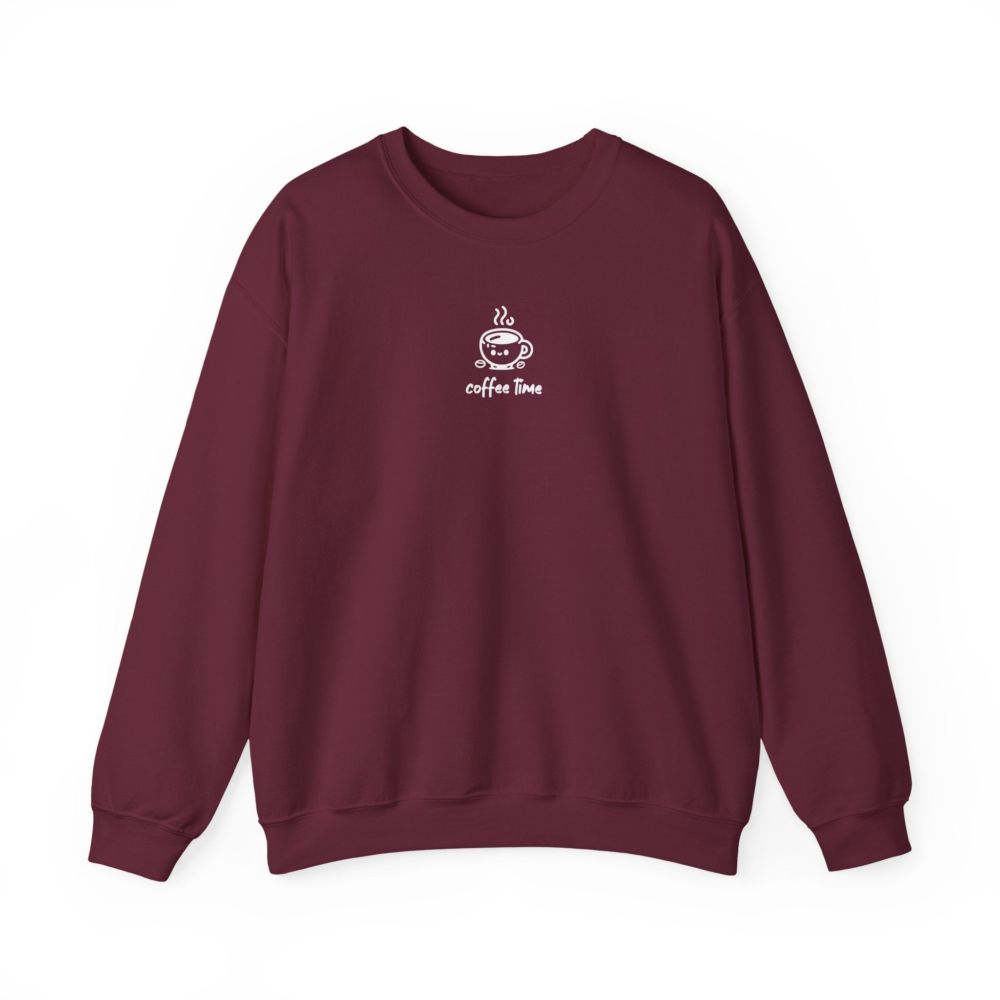 A maroon crewneck sweatshirt featuring a small white graphic of a smiling coffee cup and the text coffee time.